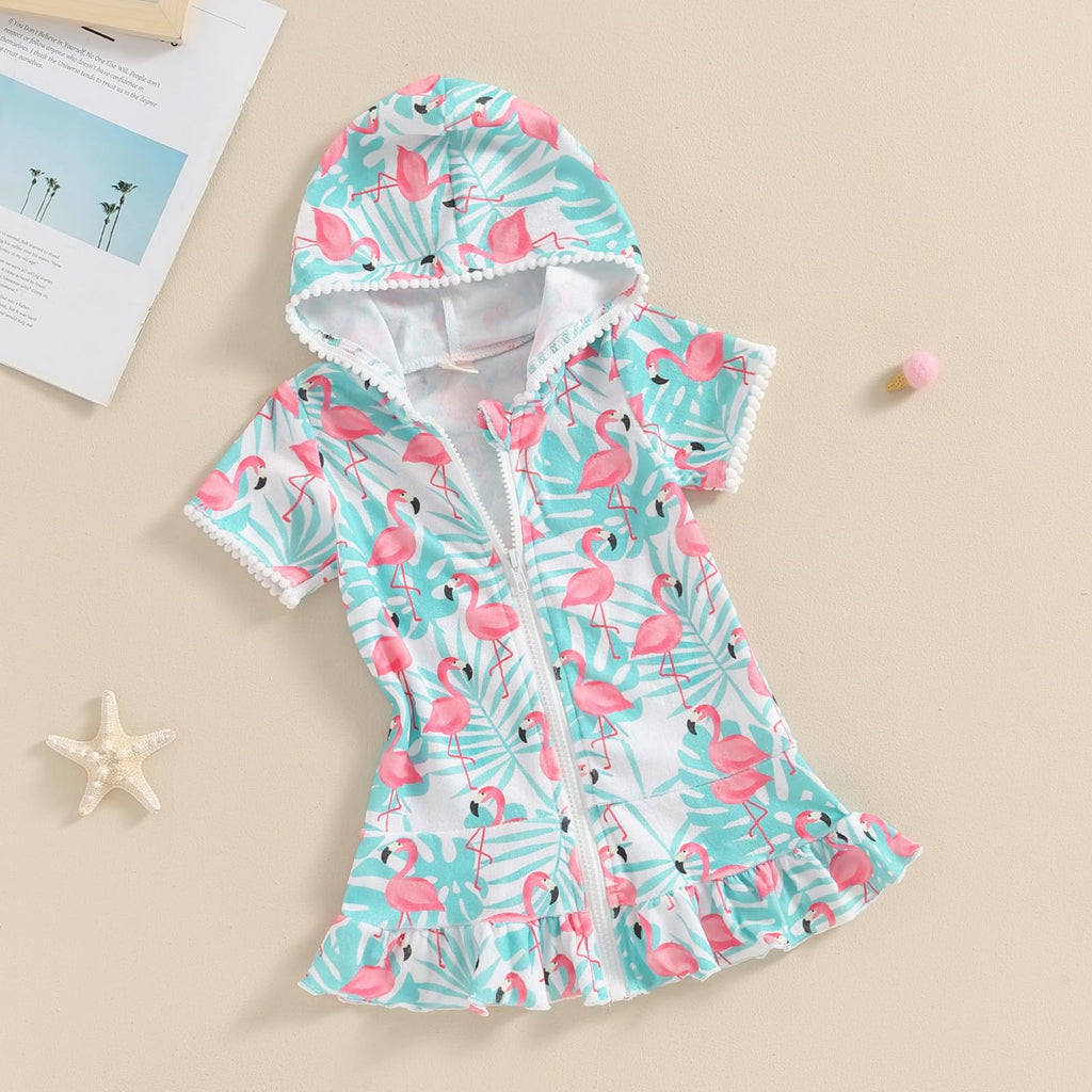 Licupiee Girls Hooded Zip Terry Coverups Swimsuit Kids Baby Girl Floral Print Short Sleeve Swim Cover-Up Swimwear (US, Age, 5 Years, 6 Years, Green Flamingo)
