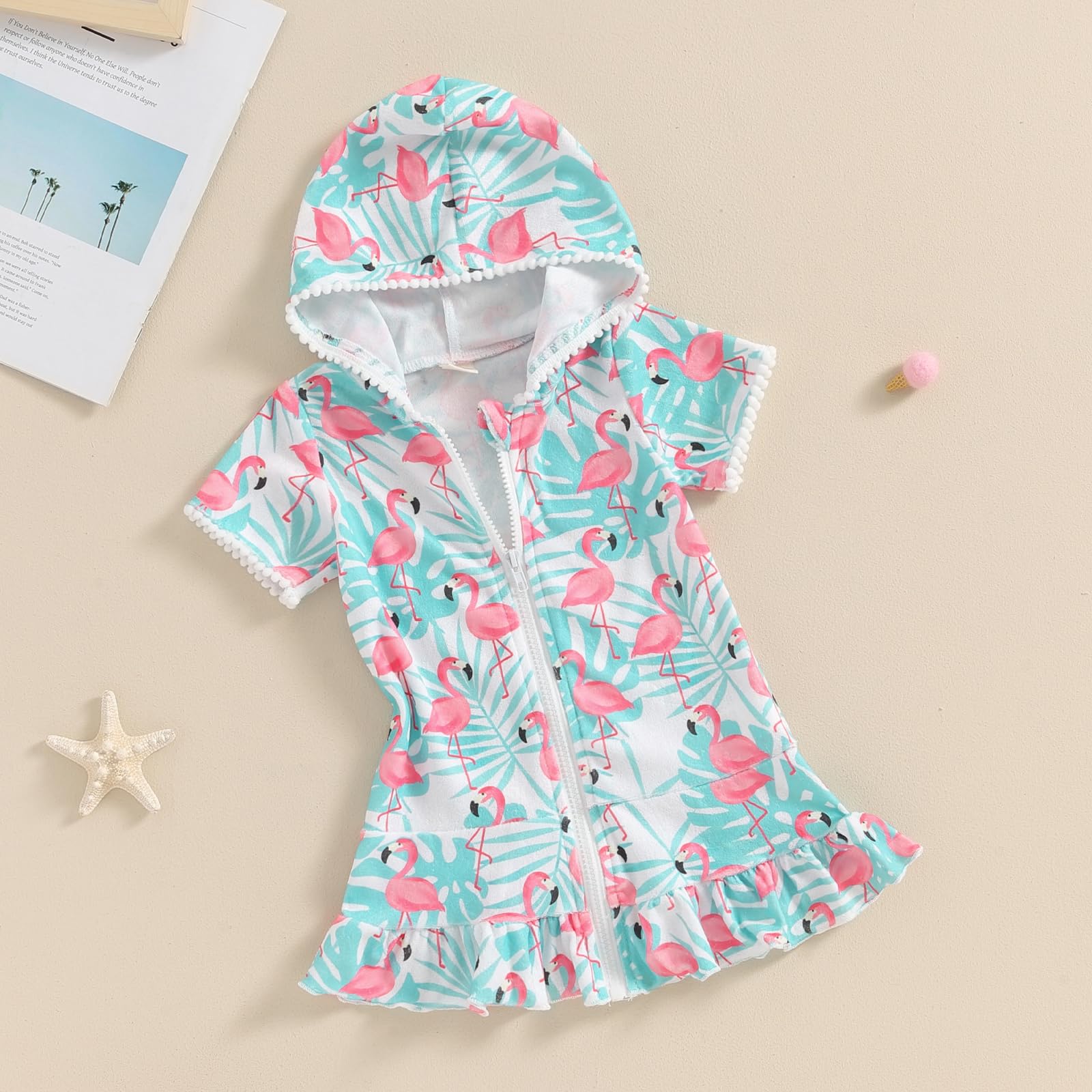Licupiee Girls Hooded Zip Terry Coverups Swimsuit Kids Baby Girl Floral Print Short Sleeve Swim Cover-Up Swimwear (US, Age, 5 Years, 6 Years, Green Flamingo)