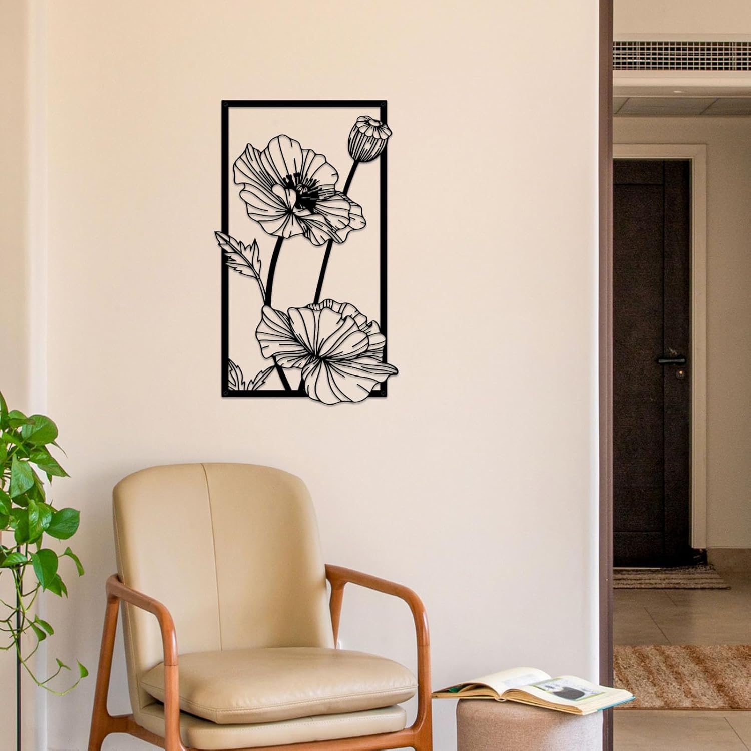 Resama Black Metal Flowers Wall Decor - Minimalist Abstract Floral Art for Bedroom, Bathroom, Kitchen