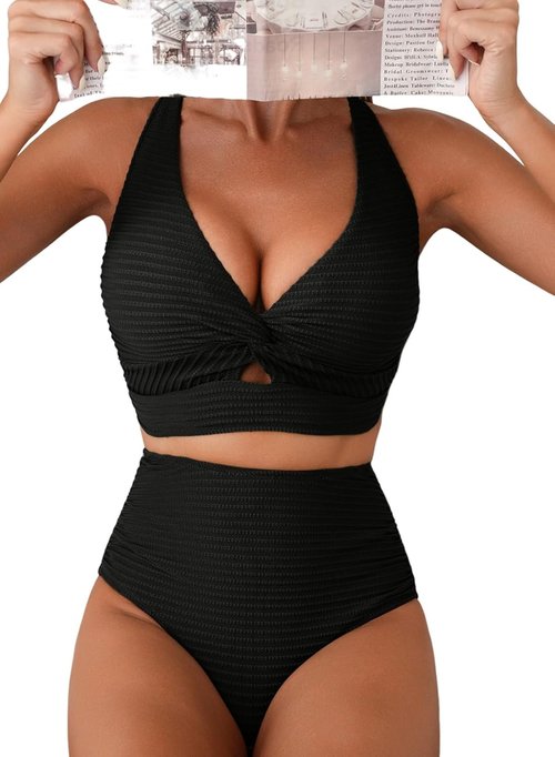 Herseas Women's Textured Bikini Sets Twist Front Top Swimsuits High Waisted Bathing Suits