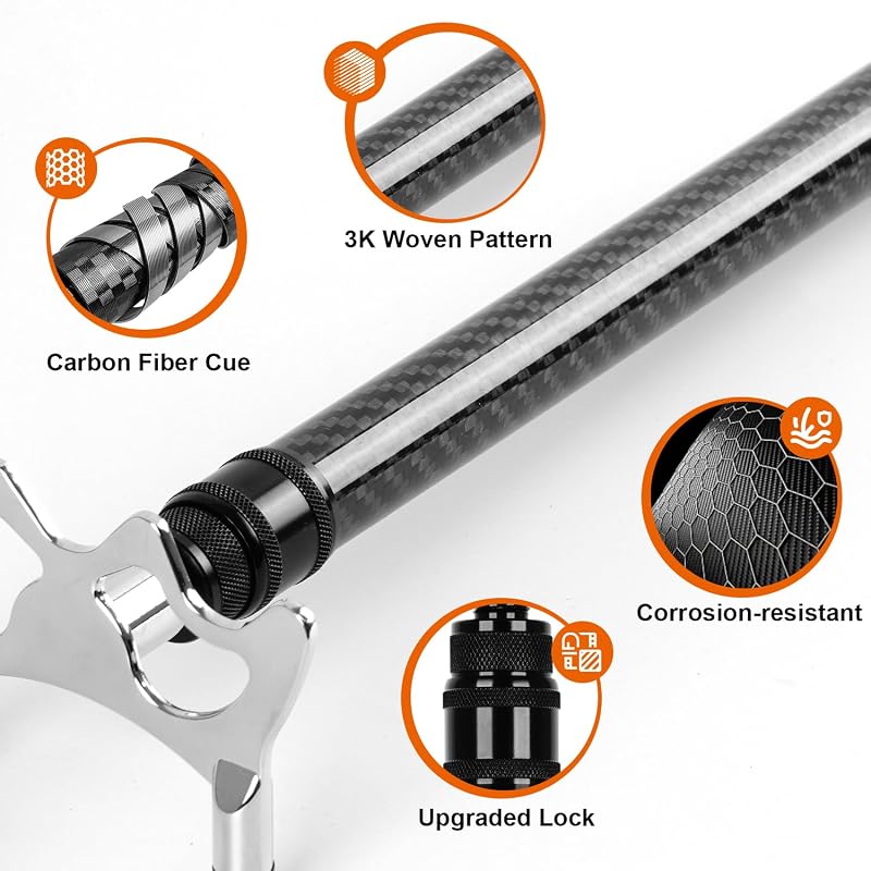 Carbon Fiber Pool Bridge Stick with Removable Metal Heads - Retractable 17in-55.5in