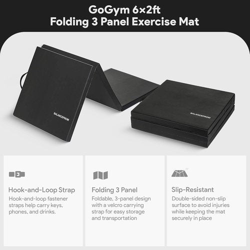 BalanceFrom 3-Panel Folding Gymnastics Mat - 2-Inch Thick, 6x2 Feet, Black with Carrying Handles for Home Workouts