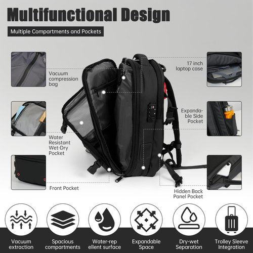 CCUNSZI Vacpack Backpack with Vacuum 60L One-Touch Air Extraction, TSA Approved Anti-Theft, Water Resistant Expandable Backpack,Black