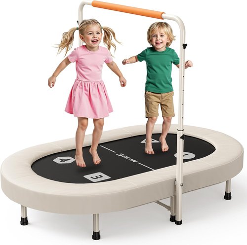 BCAN 56-Inch Kids Trampoline - Safe & Foldable Design with Adjustable Handlebar | ASTM Certified for Ages 1-8, Max Load 220lbs