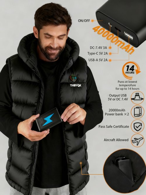 THBYQK 21 Heated Zones Heated Vest, with 40000mAH 7.4V Battery Pack Heated Vest for Men & Women, 5 in 1 Smart Controller (US, Alpha, Medium, Regular, Regular, Black-with 20000mah Power Bank X2)