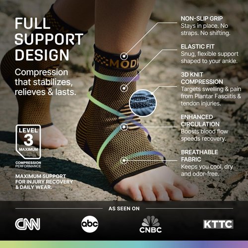 Modvel Foot & Ankle Brace | Compression Sleeve for Sprained Ankle Relief - Support for Plantar Fasciitis, Tendonitis & Arthritis - Unisex Design