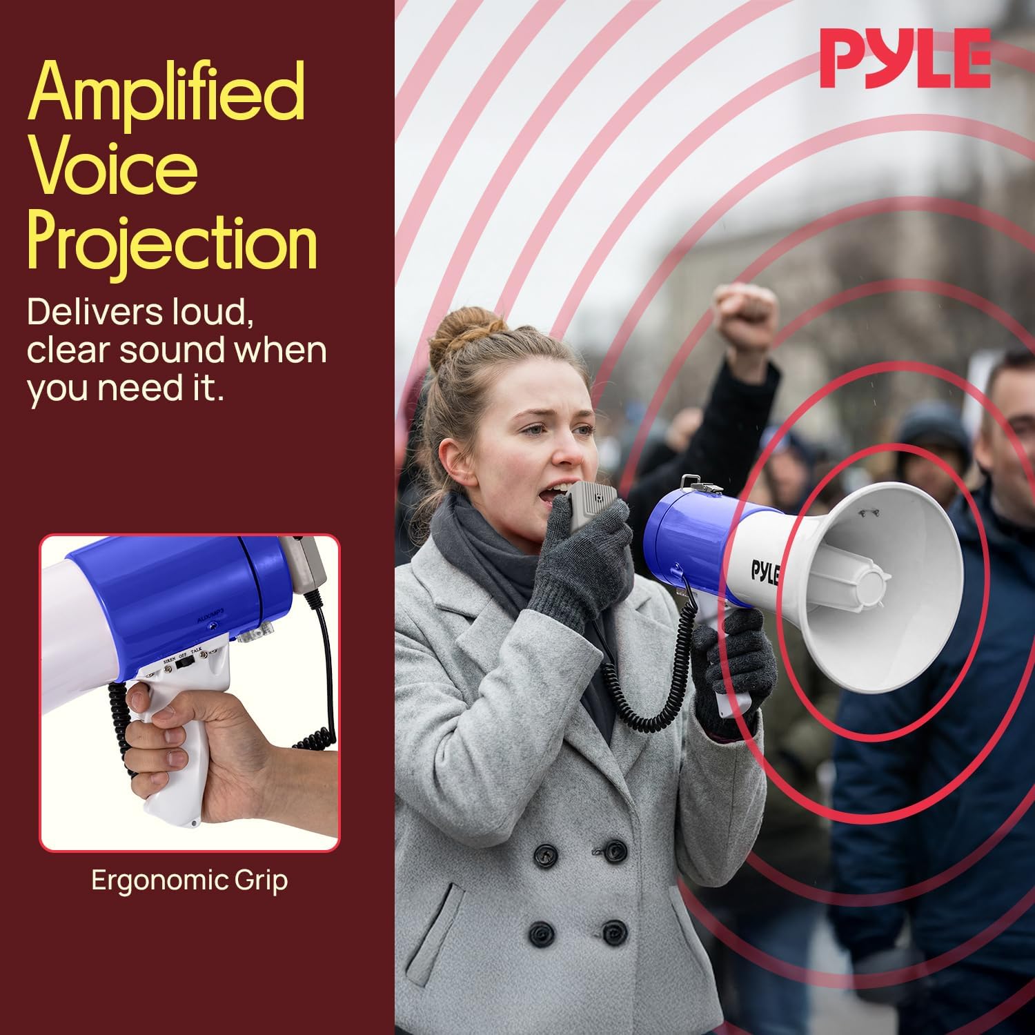 Pyle 50W Portable Megaphone - Adjustable Volume Up to 1700 Yards | Aux Input & USB Playback