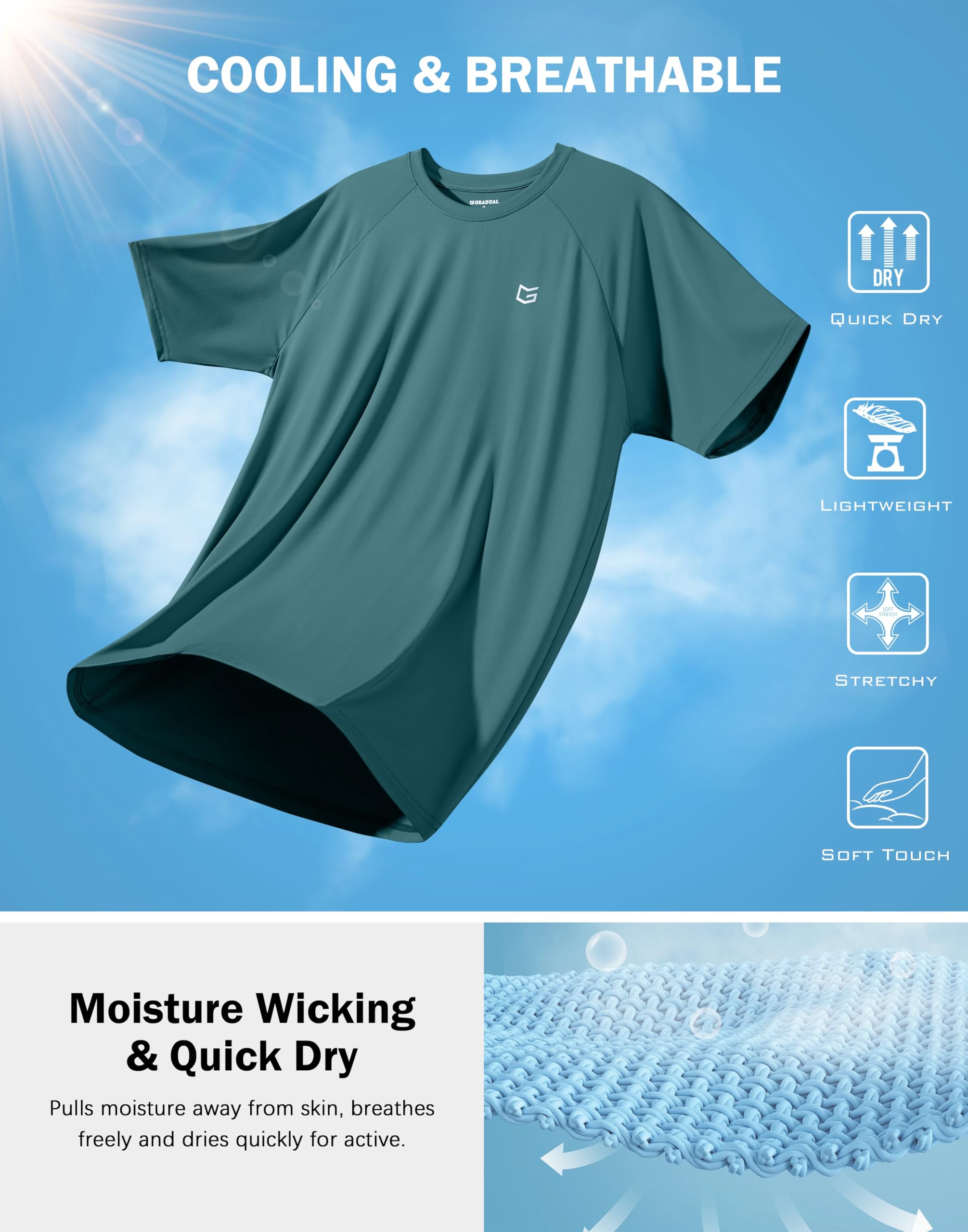 G Gradual Men's Athletic Workout T-Shirts Moisture Wicking Cooling Running Shirts Short Sleeve Performance Tee for Gym Tennis(Teal,XL)