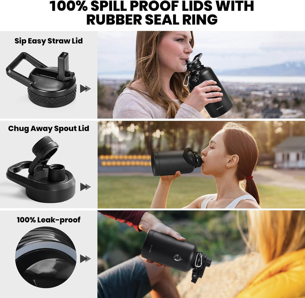 RAYMYLO Insulated Water Bottle - 64 oz Triple Wall Vacuum Stainless Steel | Cold for 48 Hrs, Leak Proof, Magic Black