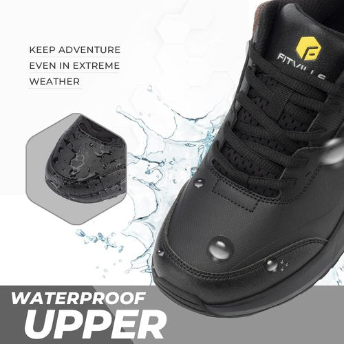 FitVille Men's Extra Wide Hiking Shoes Outdoor Walking Shoes Low-top Waterproof Work Shoes Soft Toe with Arch Support for Heel Pain Relief - Rugged Core Black