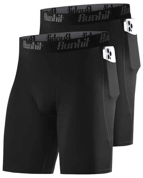 Runhit Men's Compression Shorts Quick Dry Spandex Shorts Performance Underwear for Gym Sports Training 2 Pack Black Black M