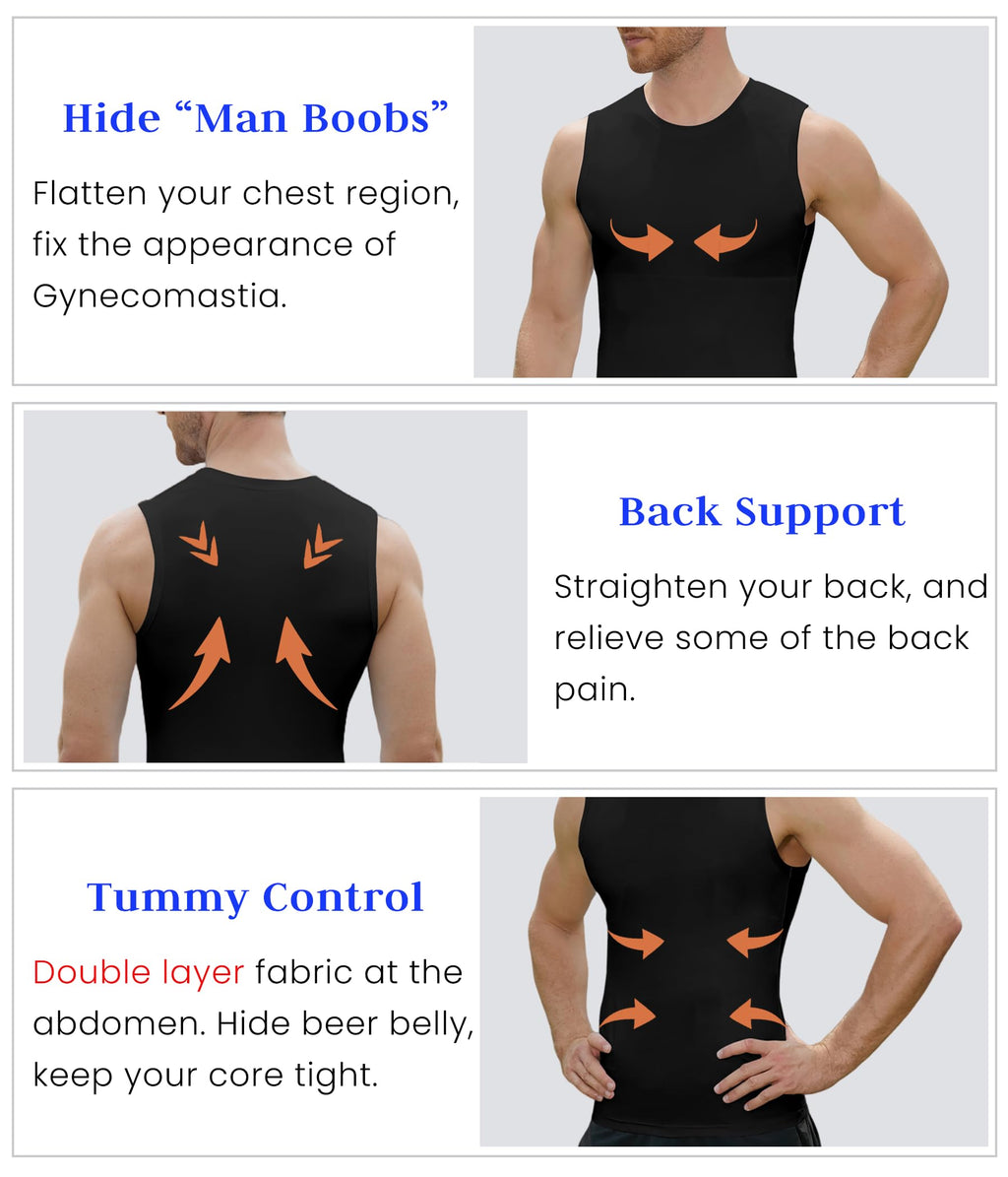 XINGCOOL Compression Shirt Men Slimming Body Shaper Vest Crewneck Workout Shirts Tummy Control Undershirts Solid Black