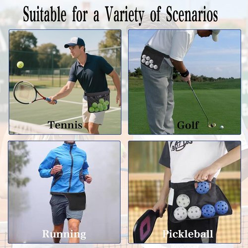 Pic-Ten Adjustable Pickleball & Tennis Ball Holder Waist Pouch - Mesh Hip Bag Carrier for Men, Women, Teens - Holds 10-12 Tennis or Pickleball for Cycling, Golf