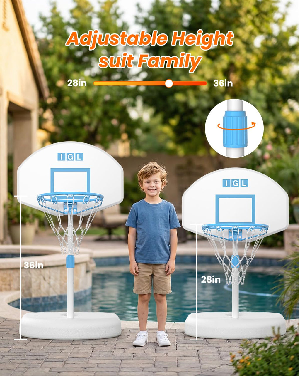 IGL Pool Basketball Hoop, 28in Backboard, Adjustable Height 28-36in, White