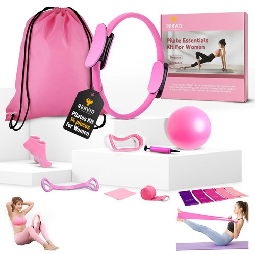 RENVID Pilates Ball and Ring Set for Women - 14-Piece At Home Pilates Kit with 12-Inch Magic Circle, 5 Resistance Bands, Home Workout Equipment for Full Body Training