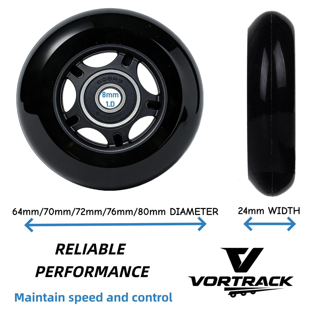 VORTRACK 8-Pack Inline Skate Wheels 85A with ABEC-9 Bearings, 64mm 70mm 72mm 76mm 80mm Sizes, Indoor & Outdoor Use for Roller Hockey, Inline Skates, Scooter and Luggage Repair (80mm)