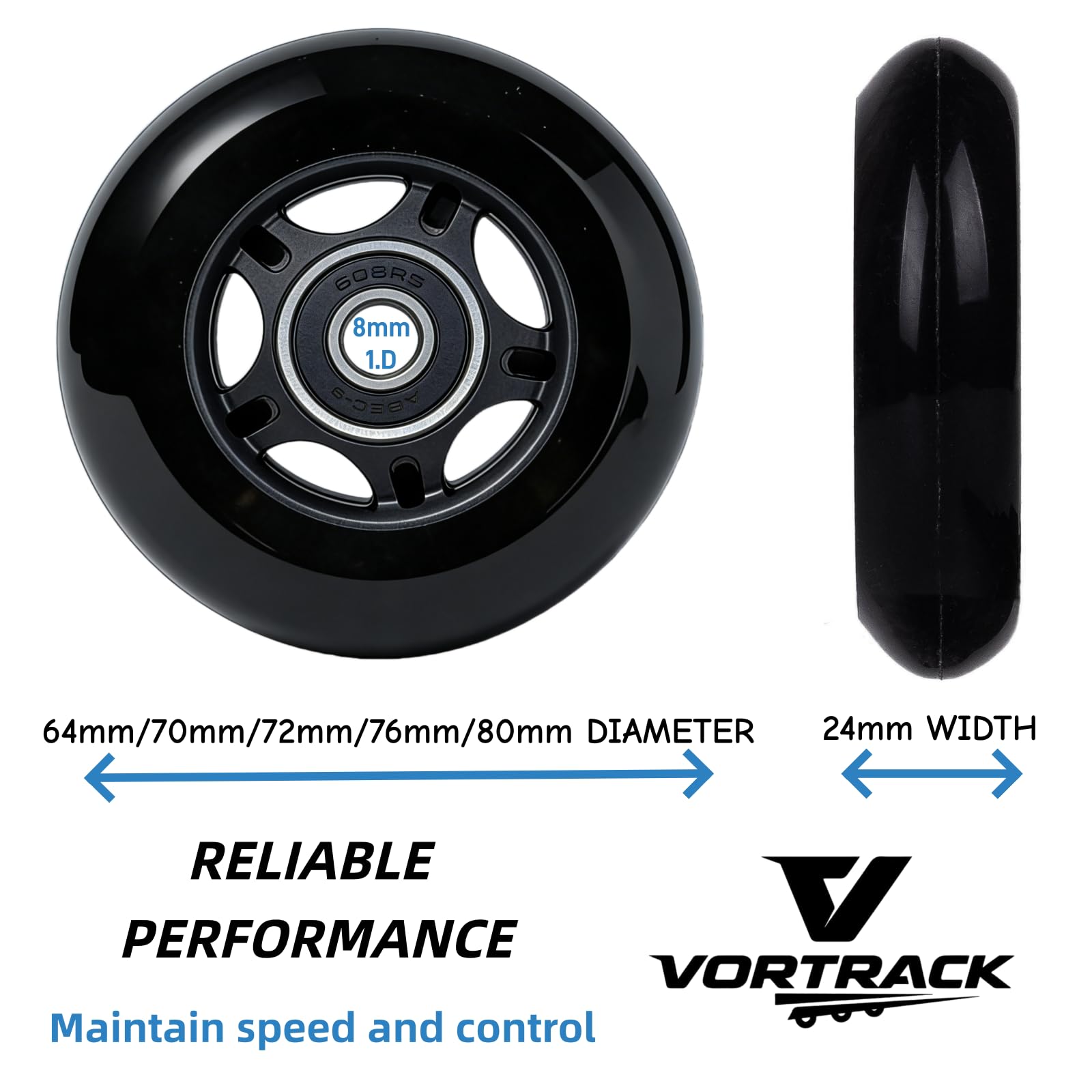 VORTRACK 8-Pack Inline Skate Wheels 85A with ABEC-9 Bearings, 64mm 70mm 72mm 76mm 80mm Sizes, Indoor & Outdoor Use for Roller Hockey, Inline Skates, Scooter and Luggage Repair (80mm)