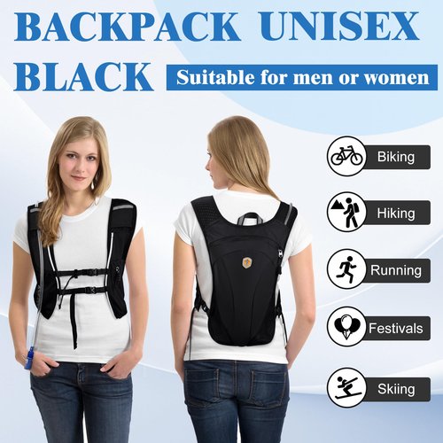 MIAOJIE Hydration Backpack with 2L Water Bladder Bag, Lightweight and Breathable Running Vest for Men, Adjustable Chest Straps Water Pack for Cycling Hiking Climbing Outdoor Rave for Women(Black)