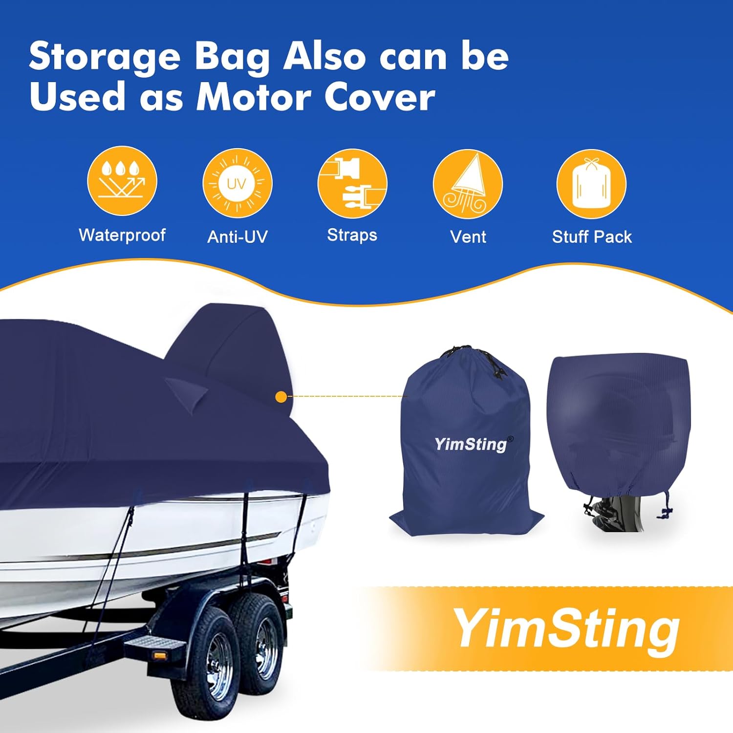 1200D Waterproof Boat Cover - Heavy-Duty Canvas for 16' to 18.5' Bass, V-Hull & Runabout Boats - Navy Blue