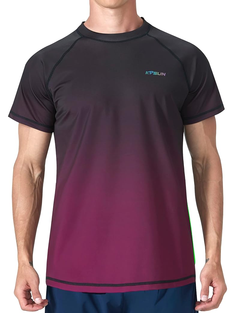Mens Rash Guard Swim Shirt UPF 50+ Quick Dry Short Sleeve Gradient Red XXL