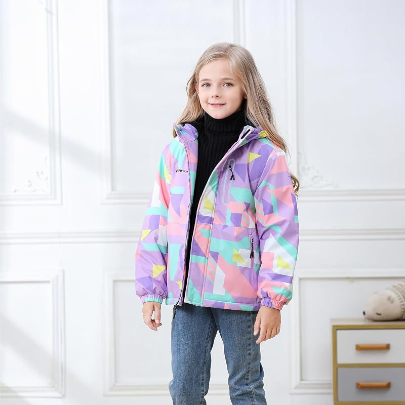 Girls' Waterproof Winter Ski Jacket – Fleece Lined Hooded Snow Coat, Cube Purple+13-14