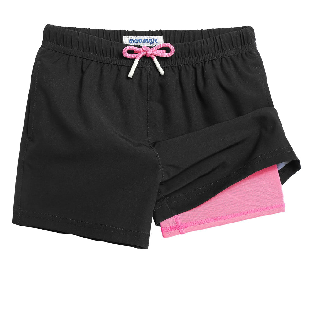 maamgic Boys Swim Trunks with Compression Liner Toddler Stretch Swim Shorts Quick Dry Swimming Trunks Boxer Brief 2 in 1 Beach Shorts Black Pink 2T
