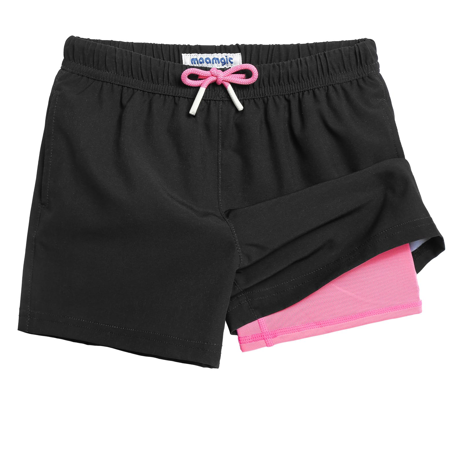maamgic Boys Swim Trunks with Compression Liner Toddler Stretch Swim Shorts Quick Dry Swimming Trunks Boxer Brief 2 in 1 Beach Shorts Black Pink 2T