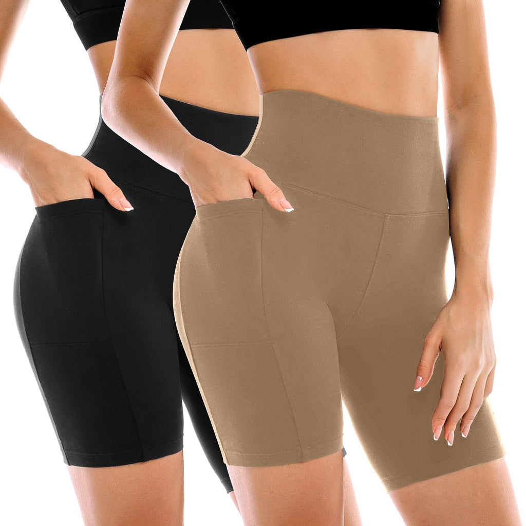 Leafigure 2 Pack Womens Biker Shorts with Pockets, High Waisted Tummy Control Yoga Shorts for Women Running Gym and Workout Black/Khaki XXL