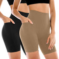 Leafigure 2 Pack Womens Biker Shorts with Pockets, High Waisted Tummy Control Yoga Shorts for Women Running Gym and Workout Black/Khaki XXL