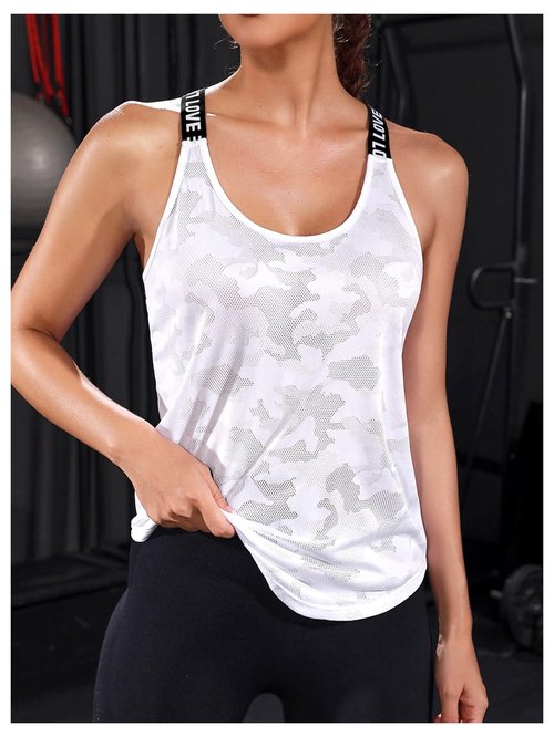 OYOANGLE Camo Print Cross Backless Workout Top for Women Tank Open Back Running Sports Yoga Shirt White M