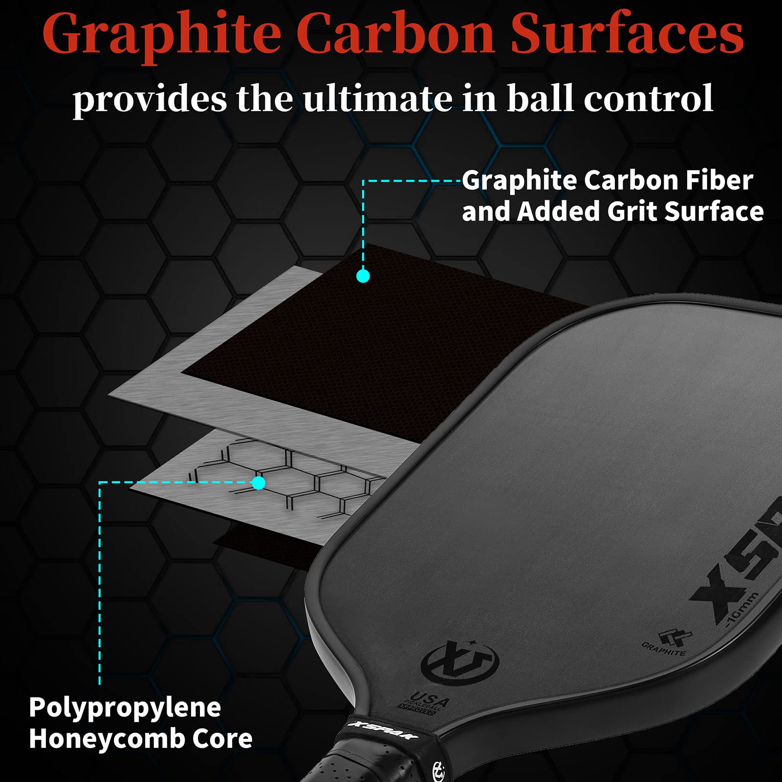 XS XSPAK USAPA Carbon Fiber Pickleball Paddle - World Champion Surface Technology Options Pickleball Racket - Tournament Edition - Polypropylene Honeycomb Paddle with Cushion Comfort Grip