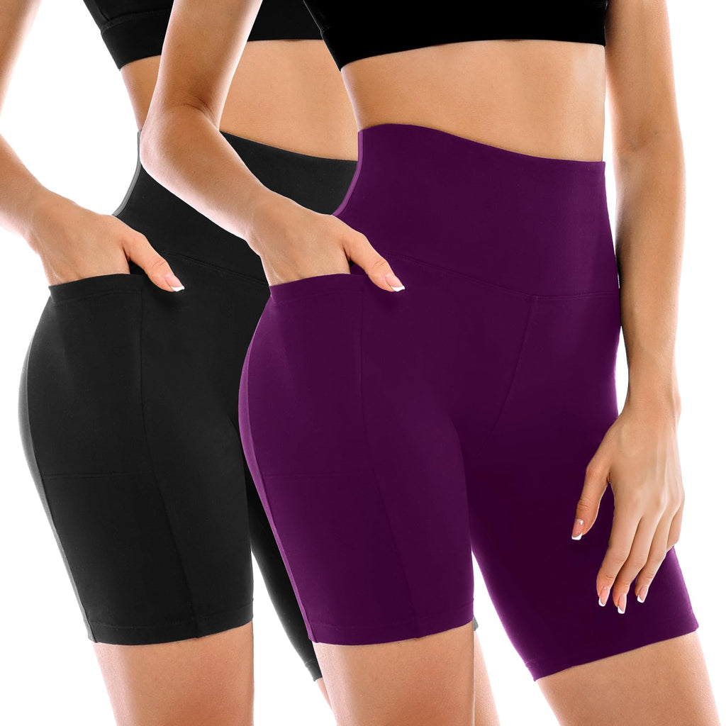 Leafigure 2 Pack Womens Biker Shorts with Pockets, High Waisted Tummy Control Yoga Shorts for Women Running Gym and Workout Black/Pulm Purple S-M