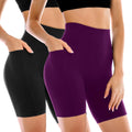 Leafigure 2 Pack Womens Biker Shorts with Pockets, High Waisted Tummy Control Yoga Shorts for Women Running Gym and Workout Black/Pulm Purple S-M