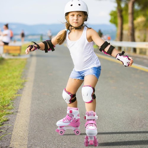 SMOOJOY Kids Roller Skates for Girls Boys Youth, Adjustable Light-Up Canvas Pink Quad Skate for Ages 6-12 Beginners' Outdoor Indoor Sports