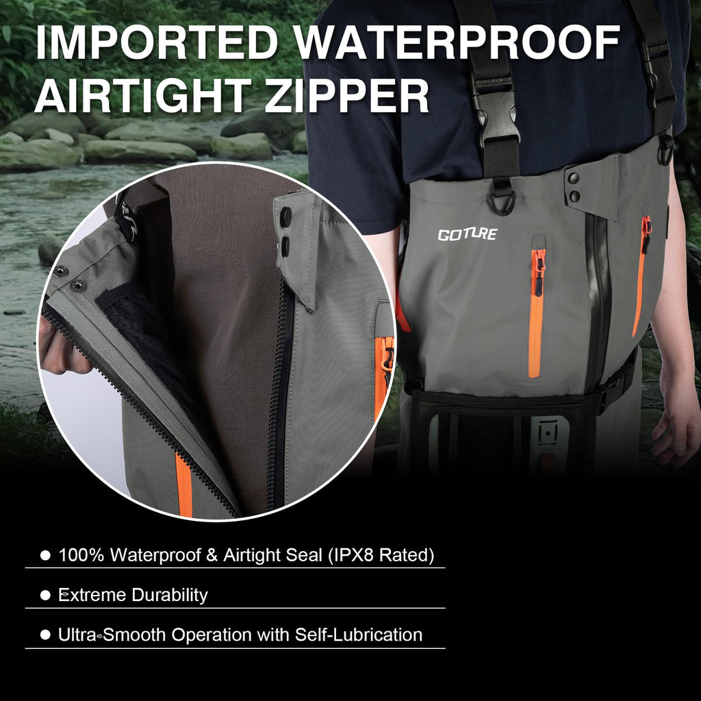 Goture 5-Layer Waterproof Zip Front Stocking Foot Waders, Breathable Fly Fishing Waders for Men Women with Handwarmer, Multiple Storage Pockets, Waist Belt, Fishing Chest Wader for Fishing XXL