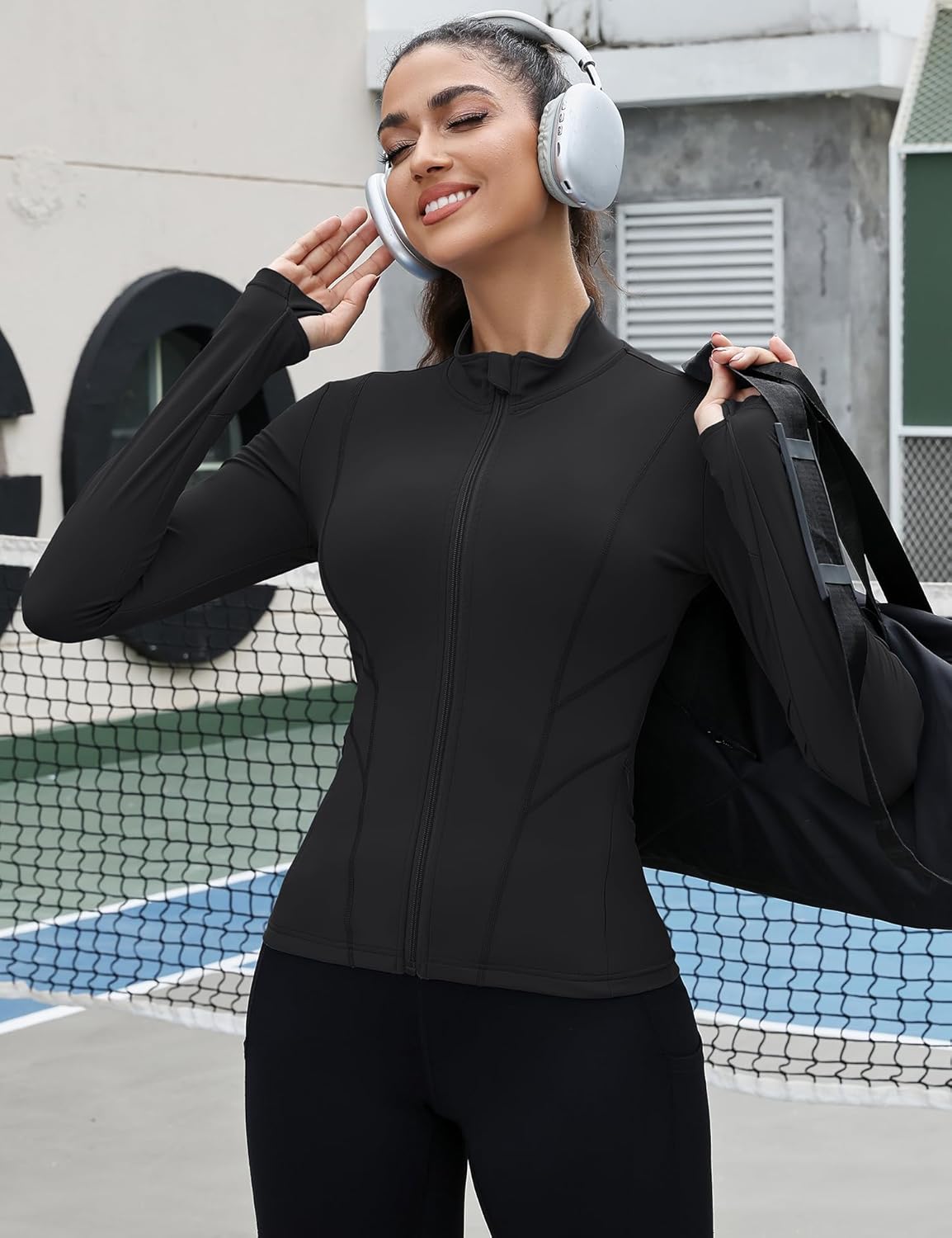 Rapbin Women's Slim Fit Workout Jacket - Full Zip Long Sleeve Athletic Top with Thumb Holes | Ideal for Yoga and Running