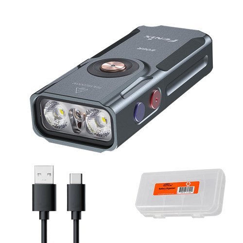 Fenix E06R 700 Lumen 3-in-1 EDC Keychain Flashlight, USB-C Rechargeable, Includes UV Light and Lumentac Organizer (Grey)