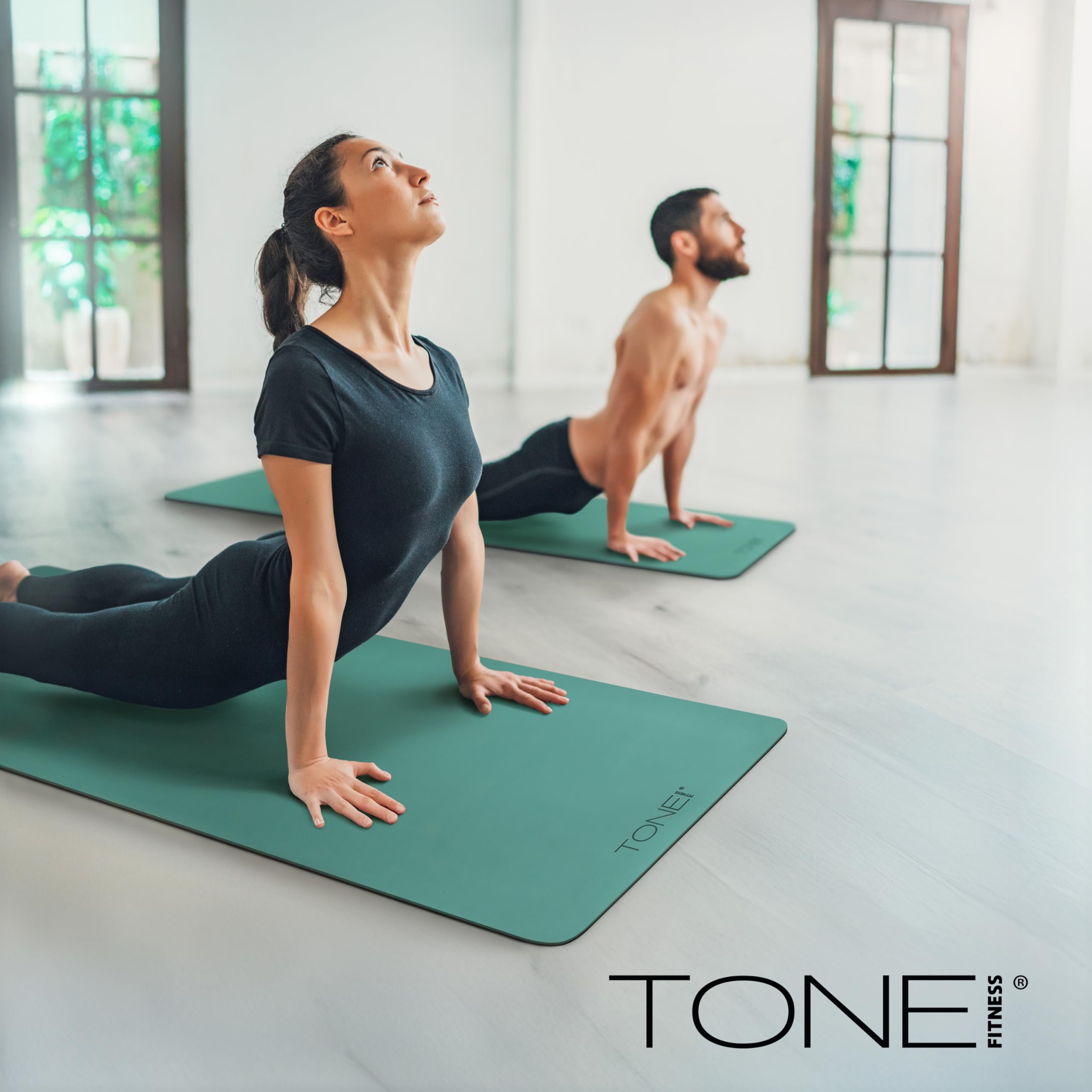 TONE Fitness Yoga Mat 1/4" Thick Non Slip Exercise & Pilates Mat for Home Workouts with Carrying Strap | V Pattern | Black/Blue