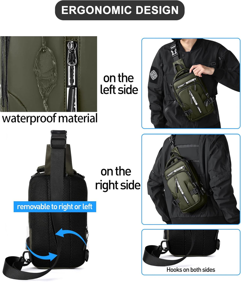 SEAFEW Sling Crossbody Backpack - Lightweight One Strap Bag with USB Charger Port | Olive Green