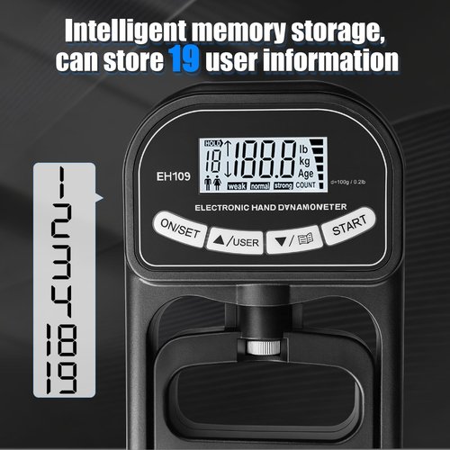 Grip Strength Tester 400 lbs/180 kg with Backlit LCD Display, Digital Hand Grip Dynamometer Records Up to 19 Users, Adjustable Grip Strength Trainer 11–220 lbs for Sports, Rehab, Home & School Use (BLACK)