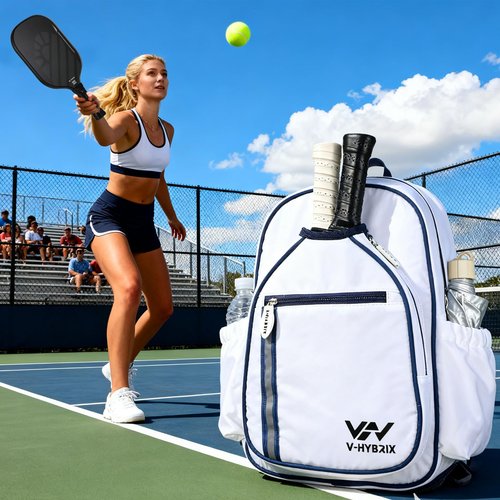 VHYBRIX Pickleball Bags, 30L Deluxe Waterproof Pickleball Backpack with Shoe Compartment for Men Women Pickle Ball Gift Accessories for Pickball Lovers (White)