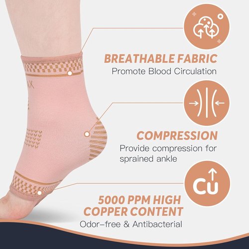 INDEEMAX Copper Ankle Brace - Compression Support Sleeve for Plantar Fasciitis | Medium Golden Pink