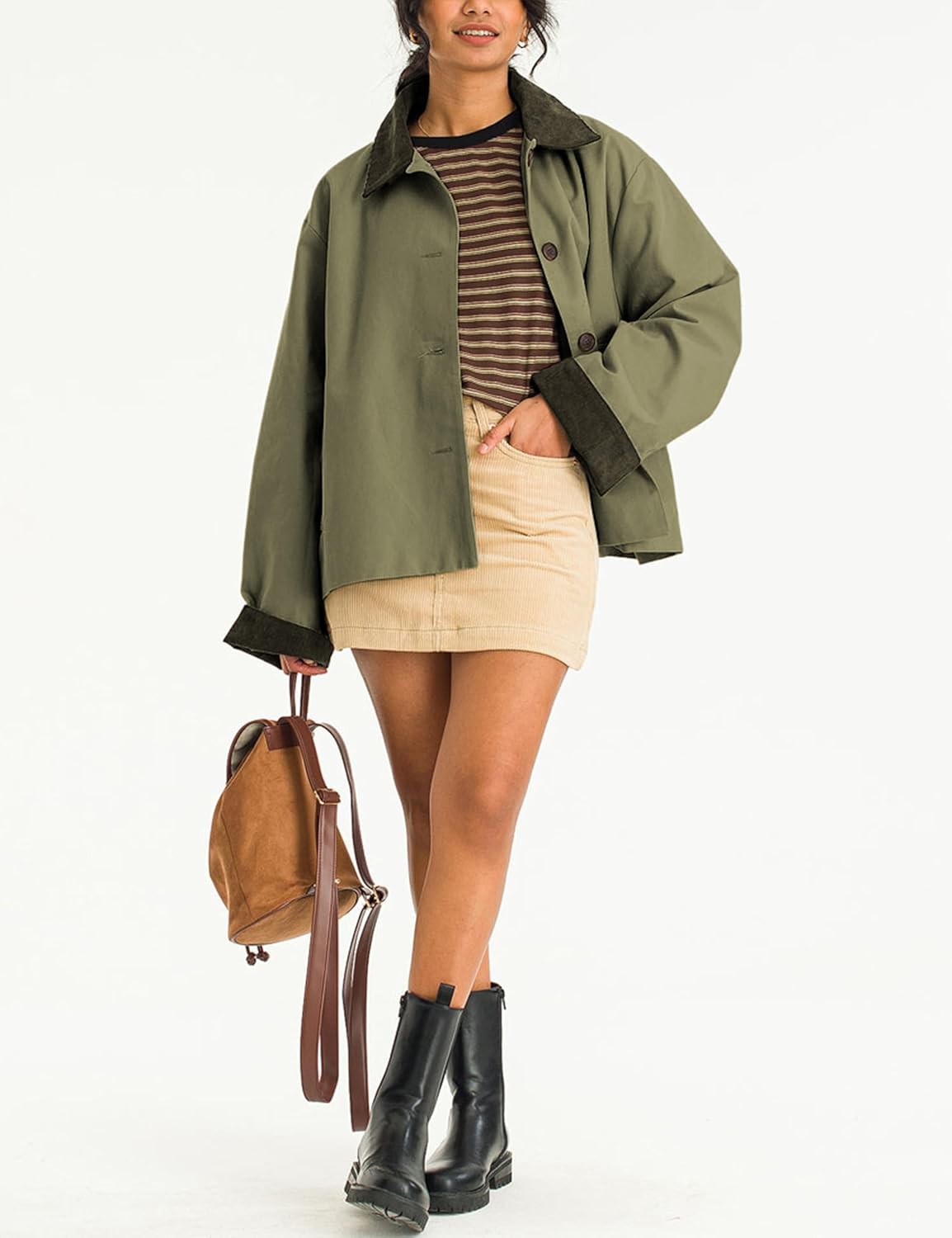 Viefent Women's Contrast Collar Crop Trench Coat - Casual Button Down Jacket with Pockets | Army Green, Large