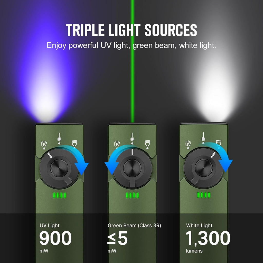 OLIGHT Arkfeld Pro Rechargeable EDC Flashlight - 1300 Lumens Green Beam & UV LED Combo | Portable Pocket Size