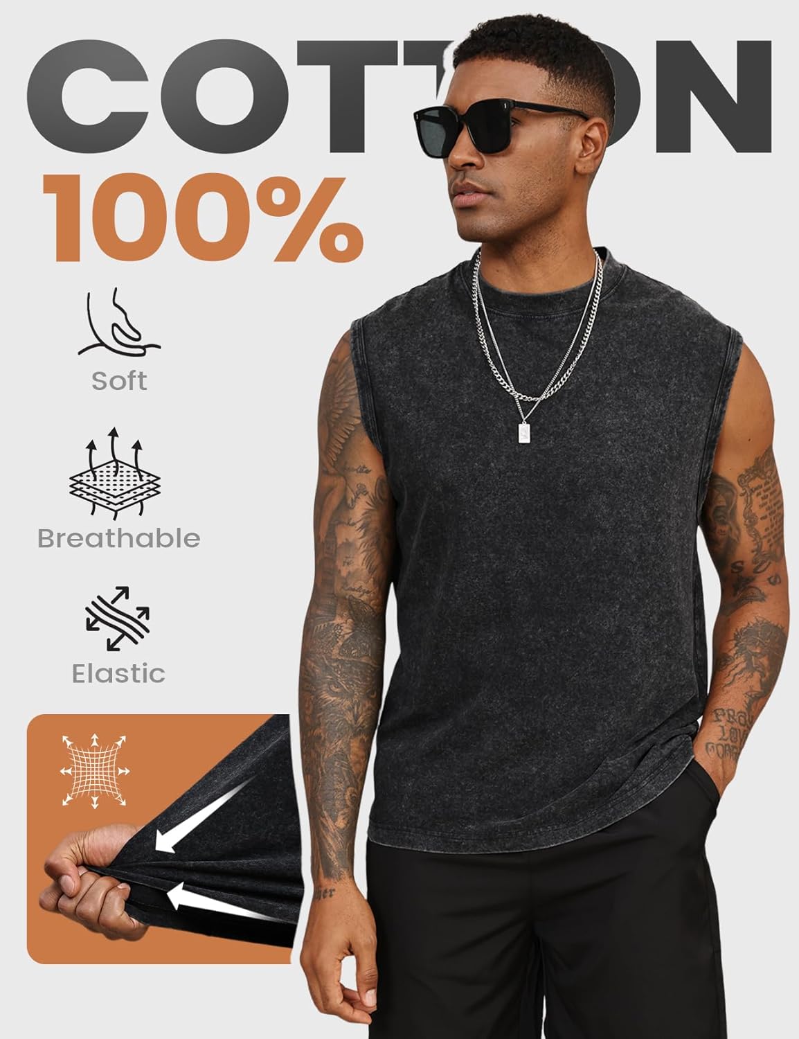 Yimoon Men's Tank Tops - Acid Wash Cotton Sleeveless Workout Tees for Gym | Loose Fit Muscle Shirts