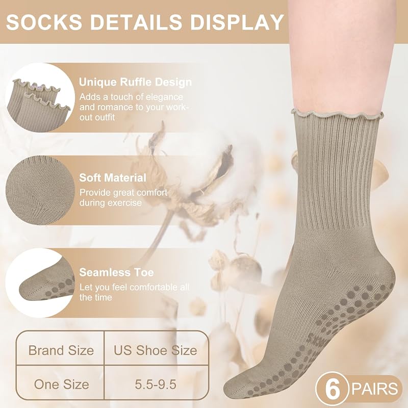 6 Pairs Womens Pilates Socks with Grips, Ruffle Non Slip Grip Socks - Black Dark Grey Light Grey Khaki Dark Brown White