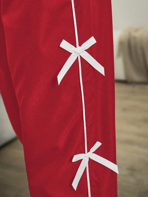 WDIRARA Toddler Girl's Bow Side Waist Track Pants Cute Wide Leg Trousers Red 11Y