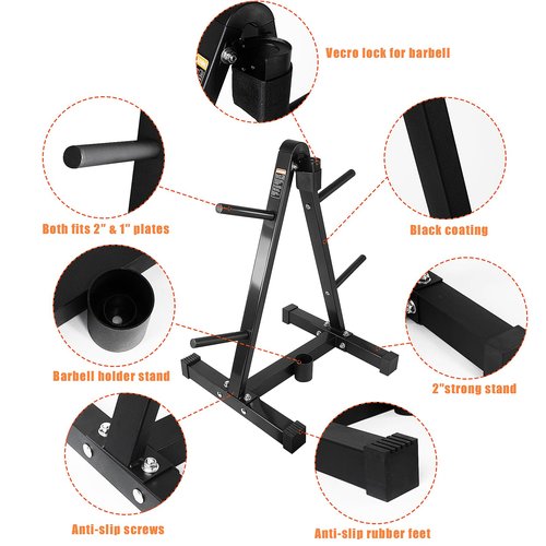 Luwint A-Frame Weight Plate Tree Rack with Barbell Holder, Dual Size Compatible for 1“ & 2“ Olympic Standard Plates, 300 lbs Capacity Home Gym Storage Stand, Space Saving Organizer