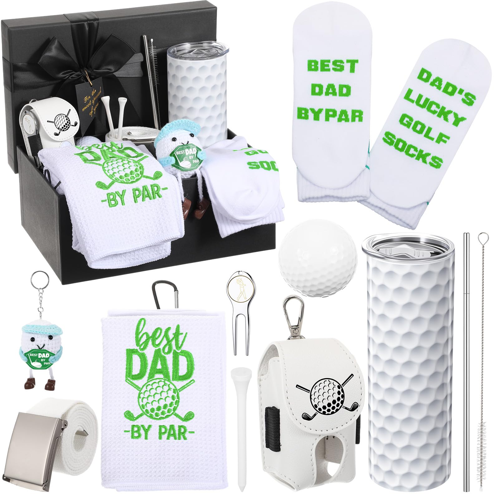 Patelai White Golf Gifts for Men Funny Golfing Accessories Gifts Set for Golfer Lovers Includes Golf Balls Tumbler Portable Bag Tees Metal Divot Repair Tool Towel Sash Socks Father Day Favor