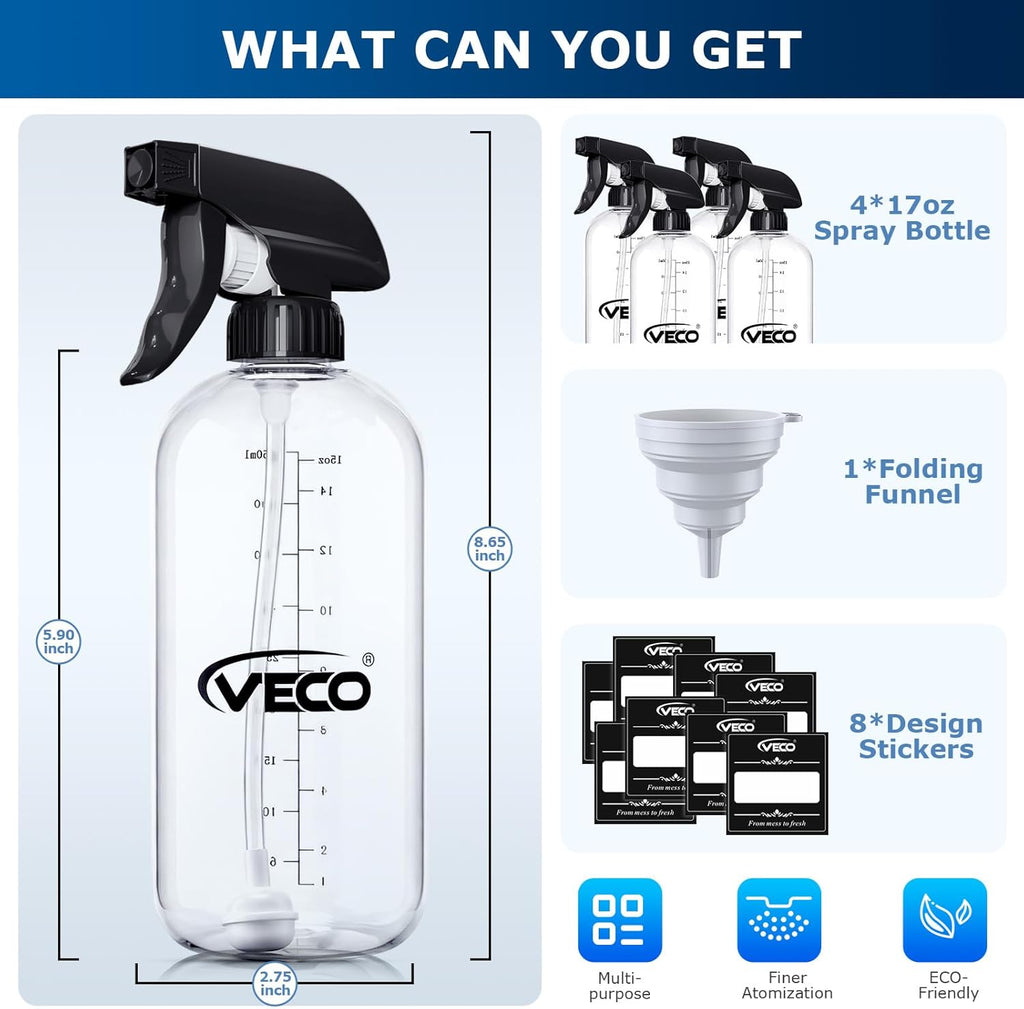 Veco 500mL Graduated Spray Bottles - 360° Any-Angle Spraying, Leak-Resistant | 4-Pack with Foldable Funnel